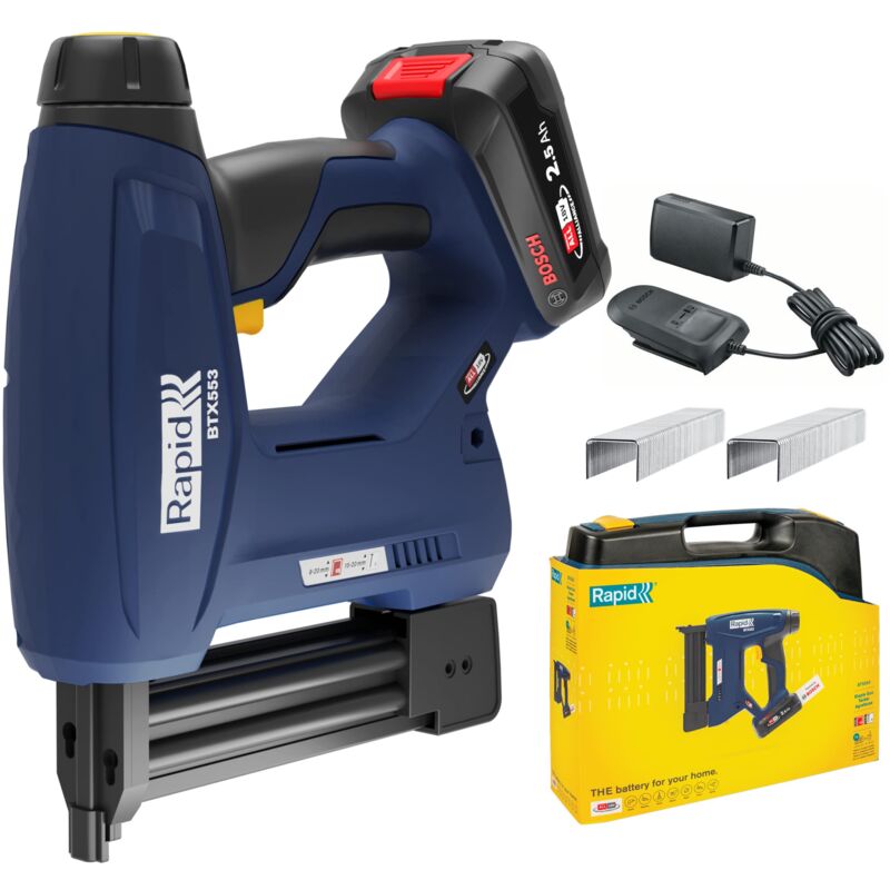 foto del prodotto rapid btx553 18v p4a pistola graffatrice, compatibile con graffette a filo sottile n.53 e chiodini n. 8, per tappezzeria e bricolage include 300
