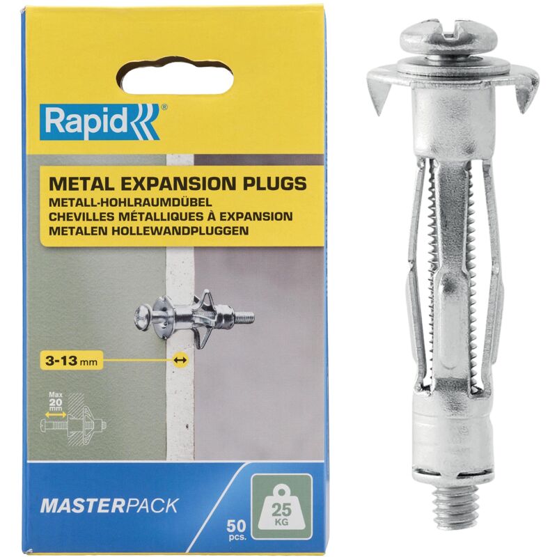 foto del prodotto rapid confezione da 50 tasselli ad espansione in metallo per pareti cave in cartongesso e truciolari dallo spessore di 3 13 mm, supportano fino ad