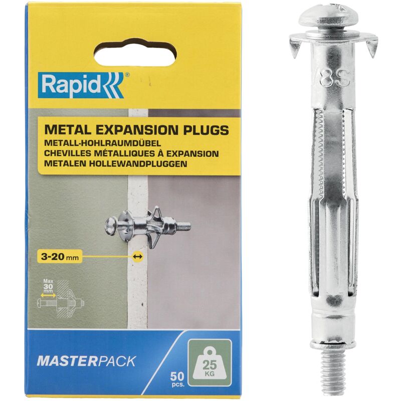 foto del prodotto rapid confezione da 50 tasselli ad espansione in metallo per pareti cave in cartongesso e truciolari dallo spessore di 3 20 mm, supportano fino ad