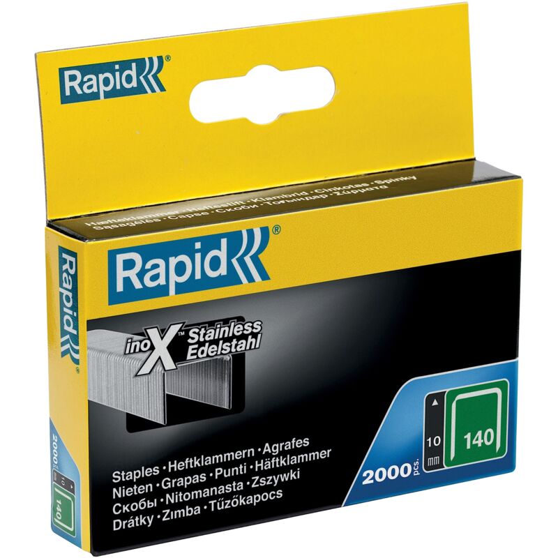 foto del prodotto rapid graffe in acciaio inox a filo piatto lunghezza gamba 10 mm punte affilate blister da 2000 punti peso 0,26 kg, 2000 pezzi, 140 10 mm