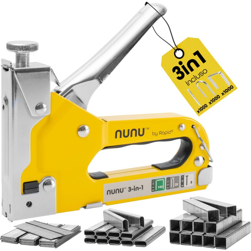 foto del prodotto rapid nunu pistola sparapunti 3 in 1 per lavori su legno, tappezzeria, tappeti e cavi, con potenza regolabile e design ergonomico, include 3.000