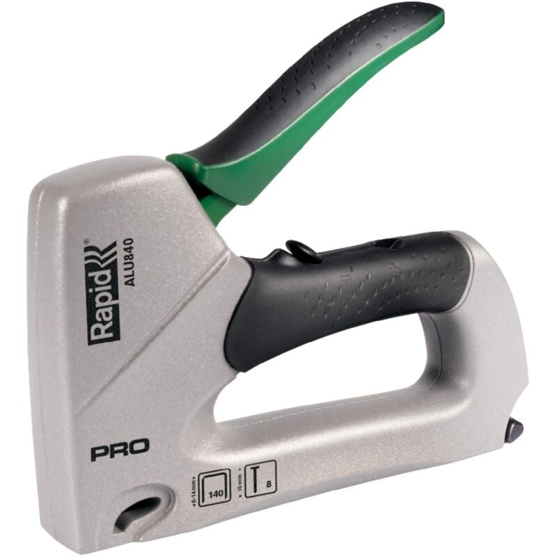 foto del prodotto rapid pro alu840 graffatrice manuale 2 in 1 per graffette n. 140 e chiodini n.8, dotata di impugnatura ergonomica, parti interne in acciaio e