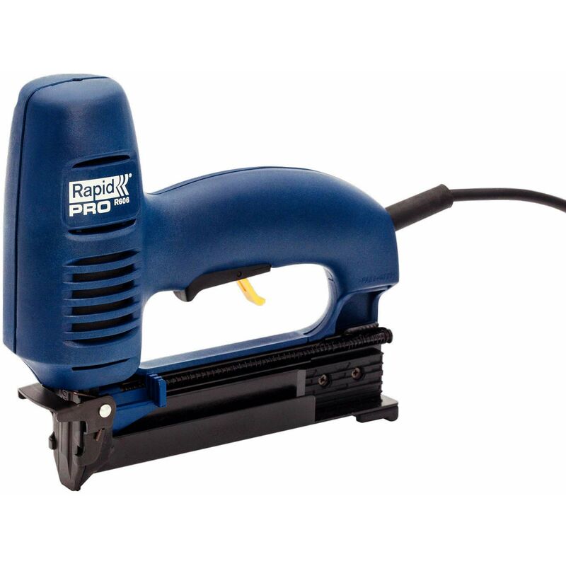 foto del prodotto rapid pro r606 graffatrice elettrica per graffette n. 606 e chiodini n. 8, impatto regolabile e piastra frontale rimovibile, adatta al fissaggio di