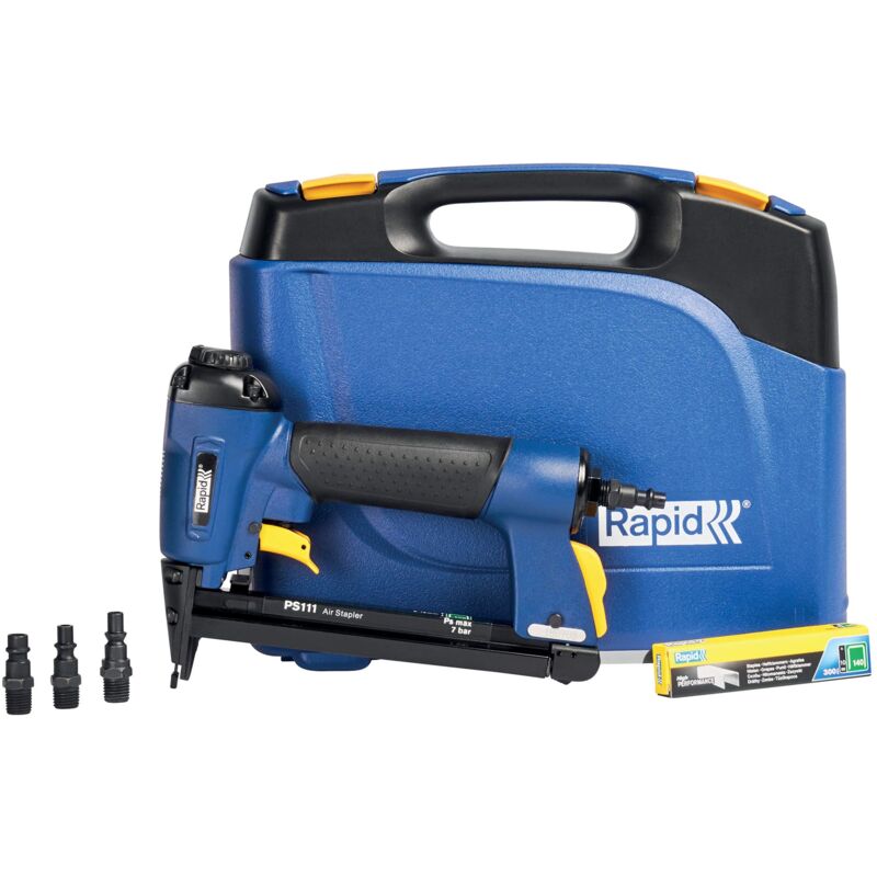 foto del prodotto rapid ps111 graffatrice pneumatica con impugnatura ergonomica per graffette n. 140, ricarica a, scarico dell aria regolabile, include valigetta e
