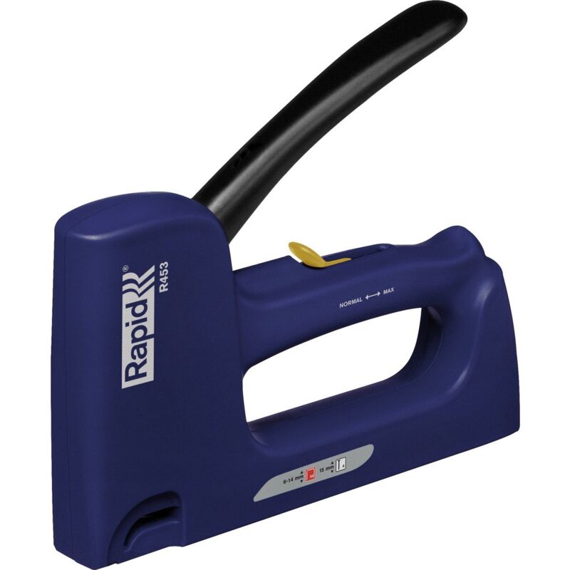 foto del prodotto rapid r453 pistola multifunzione 2 in 1 per graffette n. 53 e chiodi n. 8, dotata di impugnatura ergonomica e parti interne in acciaio, adatta per