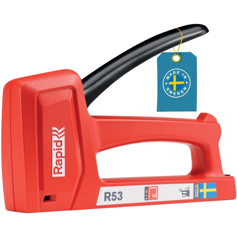 foto del prodotto rapid r53 graffatrice manuale leggera per il fissaggio di tessuti e tappezzeria su pareti in legno, impugnatura ergonomica, meccanismi interni in