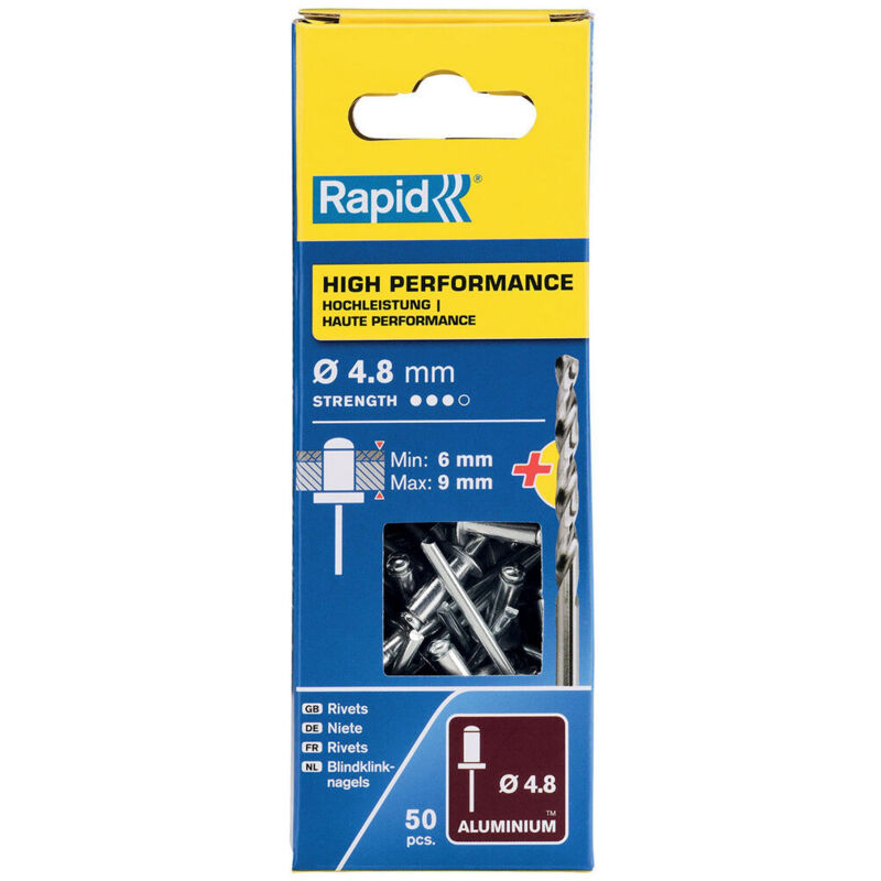 foto del prodotto rapid rivetti 4.8 x 12 mm, spessore materiale da fissare 6 9 mm, punta trapano hss inclusa, confezione 50 pz