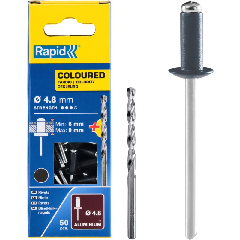 foto del prodotto rapid scatola da 50 rivetti in alluminio da 4.8 x 10 mm, adatti a fissare grondaie, tubazioni e lamiere, include punta per il trapano grigio