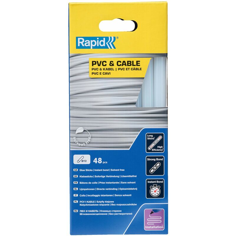 foto del prodotto rapid stick di colla da 12 mm pvc e cavo 12 x 190 mm, 48 pezzi, 880 g, confezionati in scatola