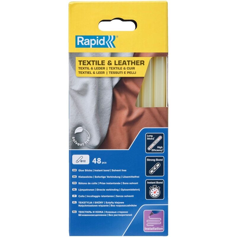 foto del prodotto rapid stick per colla 12 mm per tessuto e pelle, 12 x 190 mm, colore giallastro, 48 pezzi, confezione da 900 g