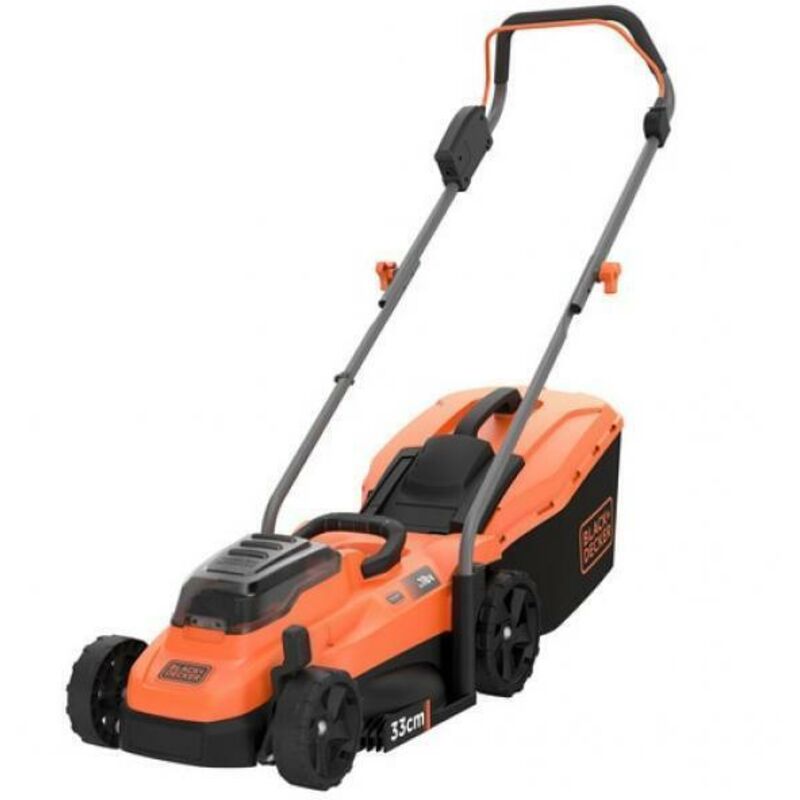 foto del prodotto rasaerba 33 cm 18v da 25 a 65 mm di altezza, funzione mulching, sacco di raccolta 35 l black decker con 2 batterie 18v 4ah e caricatore