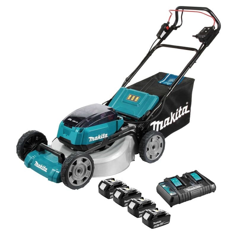 foto del prodotto rasaerba semovente 36v 36v 2x18v lxt makita con 4 batterie 18v 5.0ah dlm532pt4