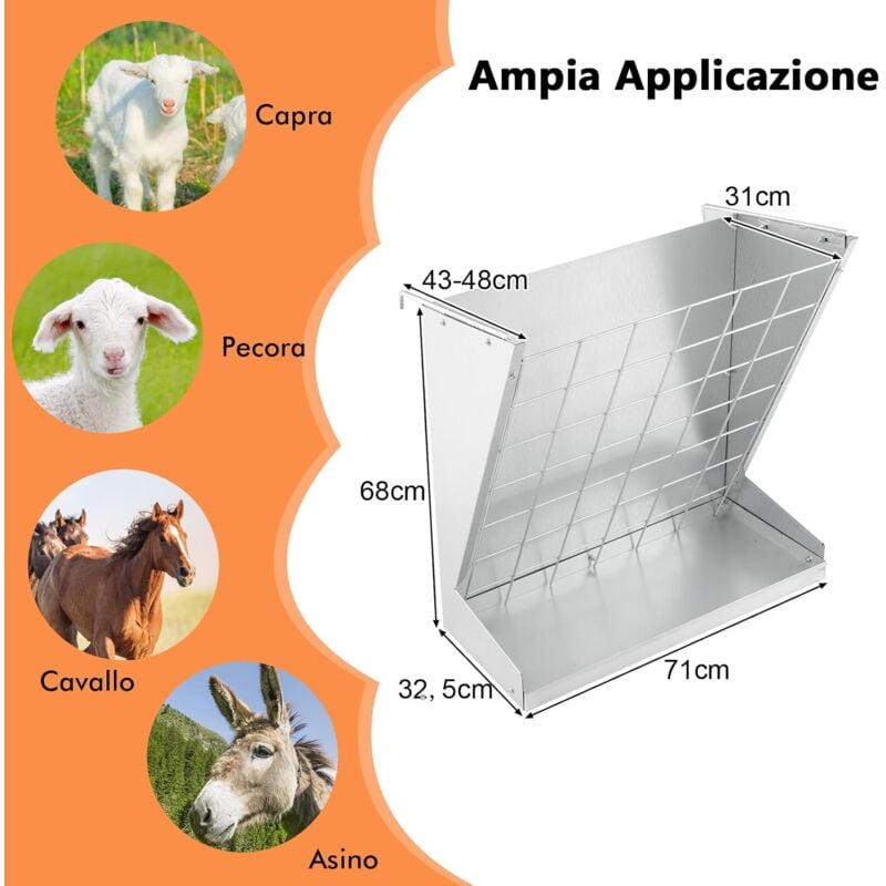 foto del prodotto rastrelliera per fieno da parete, 2 in 1 mangiatoia per fieno e grano con ganci doppi regolabili, foraggio in metallo zincato pesante, mangiatoia
