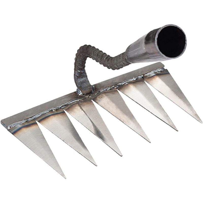 foto del prodotto rastrello a mano in metallo per giardinaggio, diserbo rastrello con denti in metallo resistente, rastrello per diserbo, rastrello per superficie,
