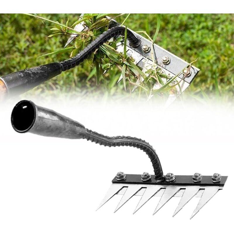 foto del prodotto rastrello da giardino in acciaio al carbonio, rastrello da giardino in metallo per impieghi gravosi a 6 denti, rastrello in ferro per giardinaggio e diserbo, attrezzo da giardino, rastrello manuale pe