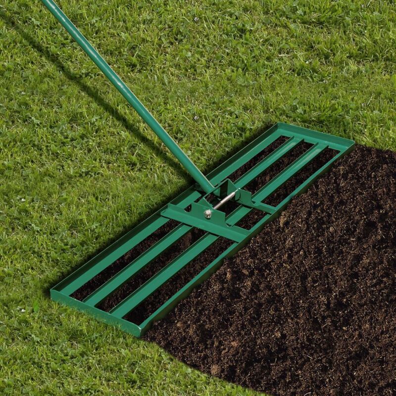 foto del prodotto rastrello da giardino, rastrello livellatore per prato, attrezzo da giardino in metallo per livellare il terreno e la sabbia del prato 91 x 25 x 170