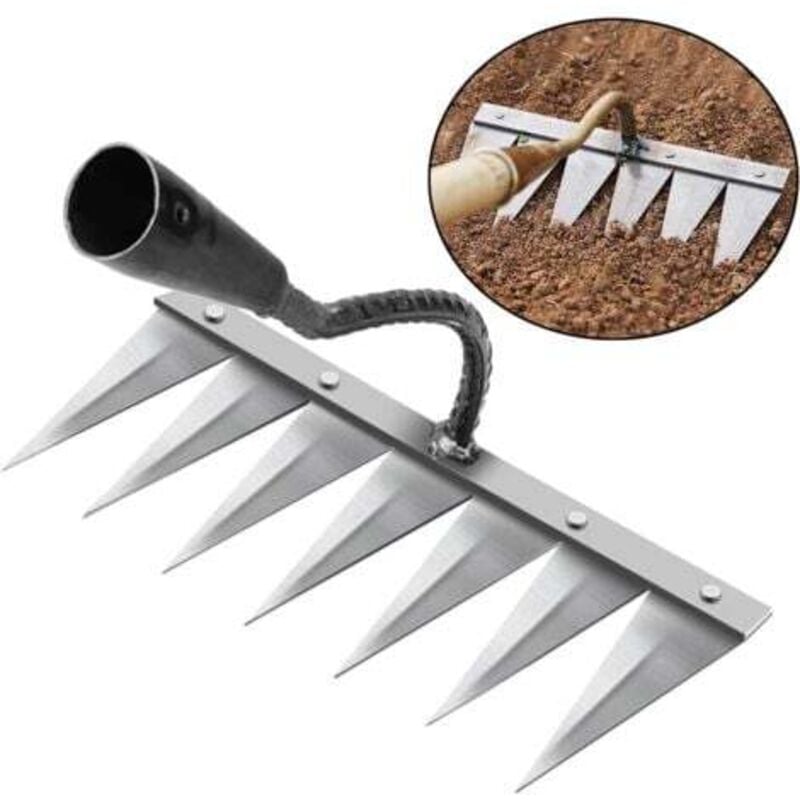 foto del prodotto rastrello da giardino, rastrello per diserbo, attrezzi da giardinaggio, rastrello per prato, scarificatore manuale a 7 denti in acciaio, per