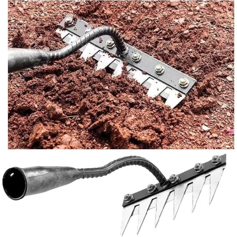 foto del prodotto rastrello per decespugliamento in acciaio spesso, rastrello in ferro per giardinaggio e diserbo, rastrello da giardino a 6 denti, attrezzo da