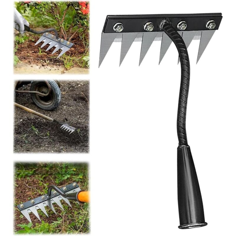 foto del prodotto rastrello per diserbo a 6 denti, attrezzo per diserbo, rastrello da giardino in metallo resistente, rastrello per diserbo allentamento semina 6
