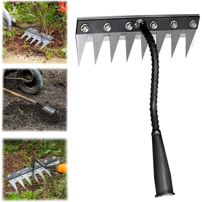 foto del prodotto rastrello per diserbo a 6 denti, attrezzo per diserbo, rastrello da giardino in metallo resistente, rastrello per diserbo allentamento semina 6