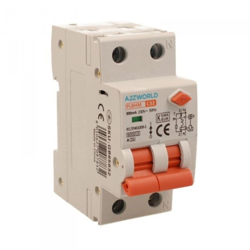 foto del prodotto rcbo doppia leva, interruttore magnetotermico differenziale tipo a curva c 1p n 2m 6000a 300ma c32a ac 230v ip20 iec61009-1 pl8hm