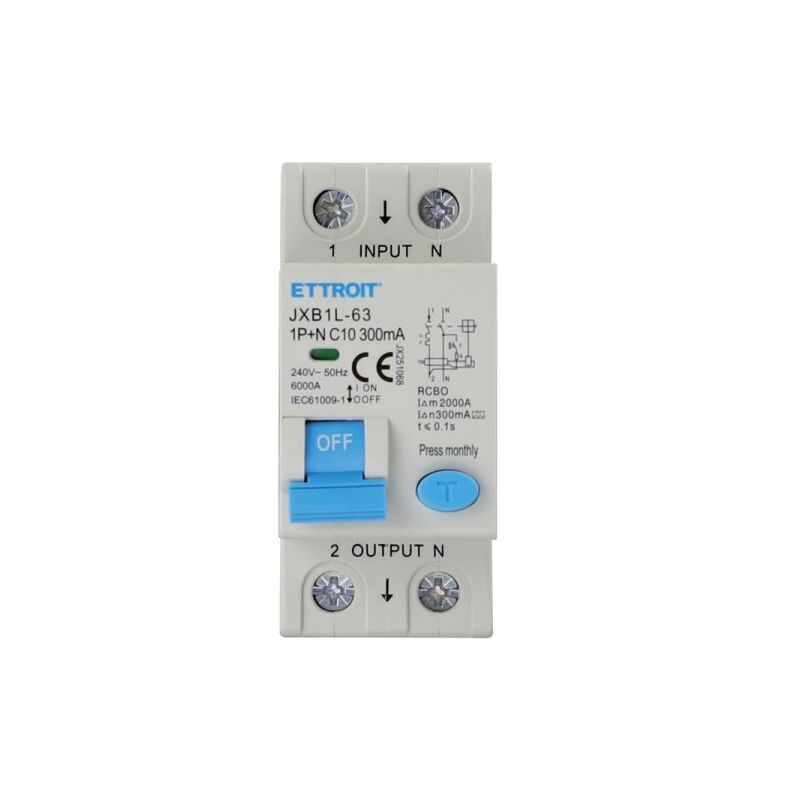 foto del prodotto rcbo interruttore magnetotermico differenziale tipo a curva c 1p n 2m 6000a 300ma c10a ac 230v ip20 iec61009 1 ettroit
