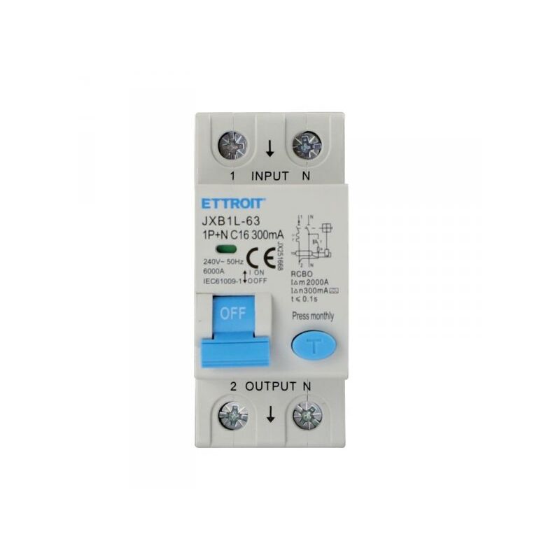 foto del prodotto rcbo interruttore magnetotermico differenziale tipo a curva c 1p n 2m 6000a 300ma c16a ac 230v ip20 iec61009 1 ettroit