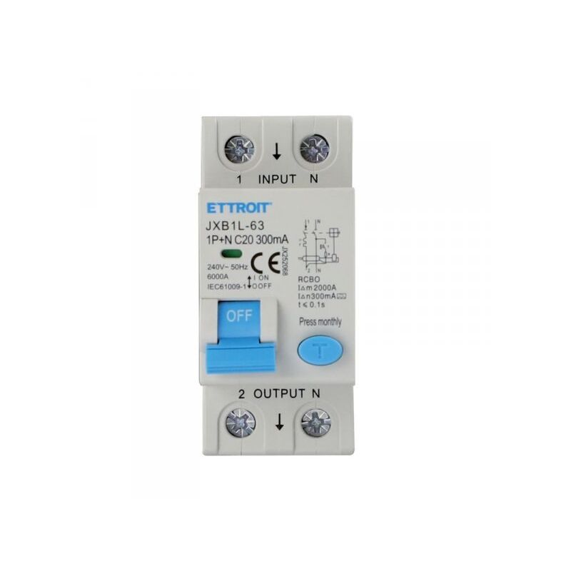 foto del prodotto rcbo interruttore magnetotermico differenziale tipo a curva c 1p n 2m 6000a 300ma c20a ac 230v ip20 iec61009 1 ettroit