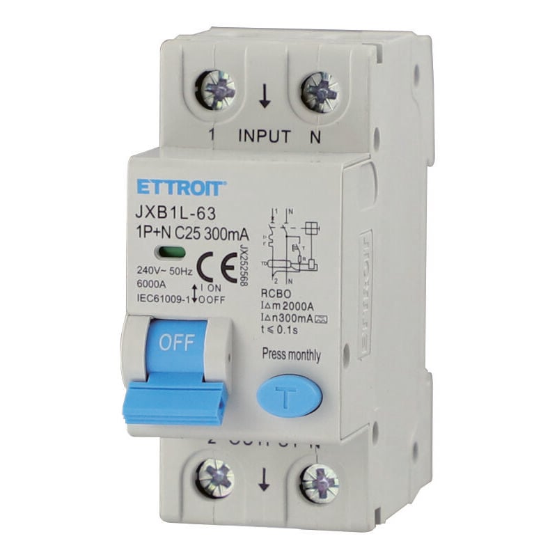 foto del prodotto rcbo interruttore magnetotermico differenziale tipo a curva c 1p+n 2m 6000a 300ma c25a ac 230v ip20 iec61009-1 - ettroit