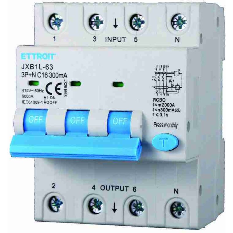 foto del prodotto rcbo interruttore magnetotermico differenziale tipo a curva c 3p n 4m 6000a 300ma c16a ac 400v ip20 iec61009-1