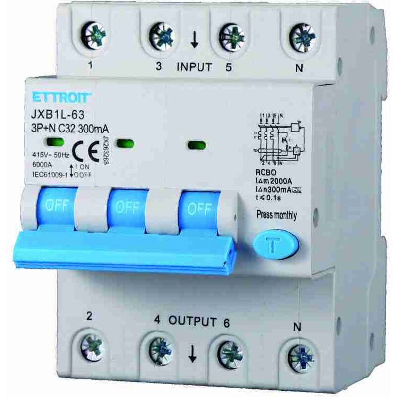 foto del prodotto rcbo interruttore magnetotermico differenziale tipo a curva c 3p n 4m 6000a 300ma c32a ac 400v ip20 iec61009-1 - ettroit