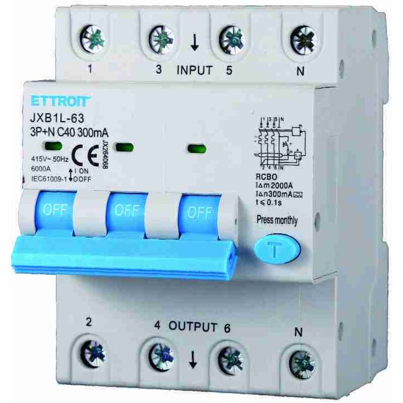foto del prodotto rcbo interruttore magnetotermico differenziale tipo a curva c 3p+n 4m 6000a 300ma c40a ac 400v ip20 iec61009-1 - ettroit