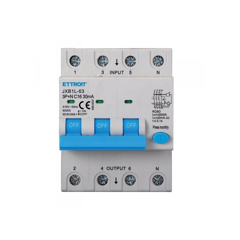 foto del prodotto rcbo interruttore magnetotermico differenziale tipo a curva c 3p n 4m 6000a 30ma c16a ac 400v ip20 iec61009-1 - ettroit