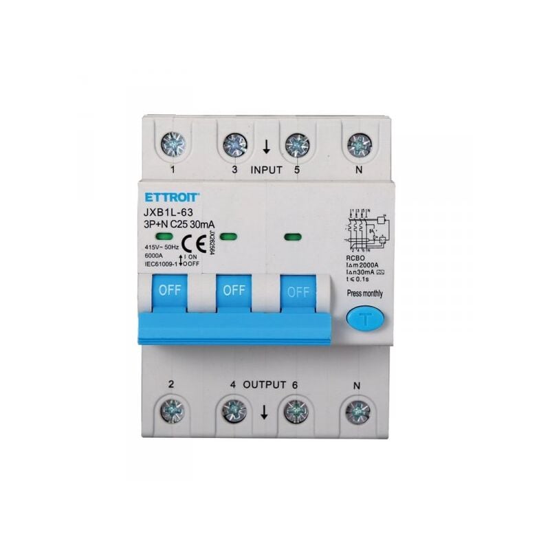 foto del prodotto rcbo interruttore magnetotermico differenziale tipo a curva c 3p n 4m 6000a 30ma c25a ac 400v ip20 iec61009 1 ettroit