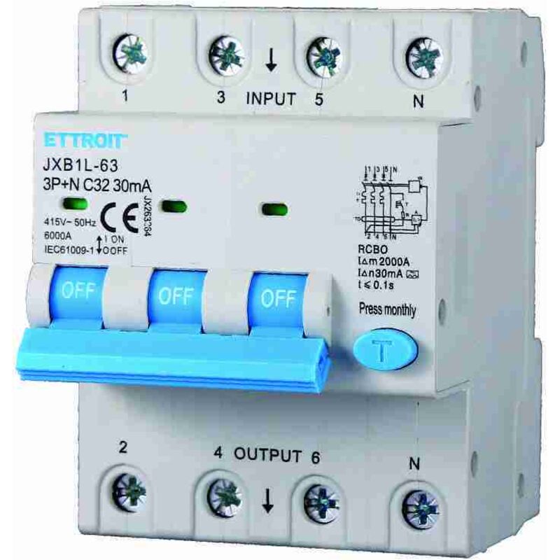 foto del prodotto rcbo interruttore magnetotermico differenziale tipo a curva c 3p+n 4m 6000a 30ma c32a ac 400v ip20 iec61009-1 - ettroit