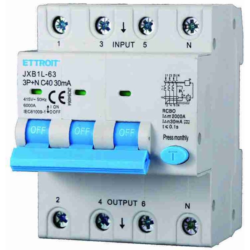 foto del prodotto rcbo interruttore magnetotermico differenziale tipo a curva c 3p n 4m 6000a 30ma c40a ac 400v ip20 iec61009-1 - ettroit