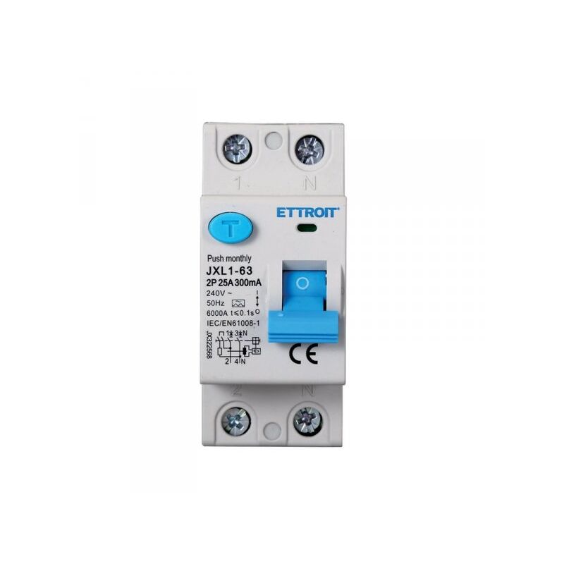foto del prodotto rccb interruttore differenziale puro tipo a 1p n 2m 6000a 300ma 25a ac 230v ip20 iec61008 1 ettroit