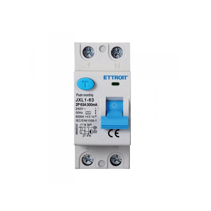 foto del prodotto rccb interruttore differenziale puro tipo a 1p n 2m 6000a 300ma 63a ac 230v ip20 iec61008 1 ettroit