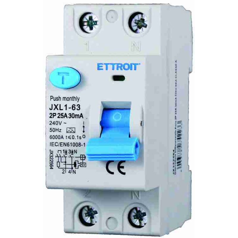 foto del prodotto rccb interruttore differenziale puro tipo a 1p n 2m 6000a 30ma 25a ac 230v ip20 iec61008-1 - ettroit