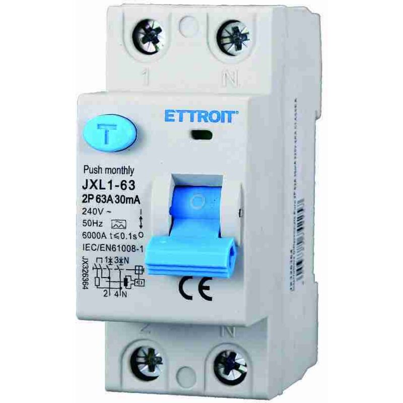 foto del prodotto rccb interruttore differenziale puro tipo a 1p n 2m 6000a 30ma 63a ac 230v ip20 iec61008-1 - ettroit