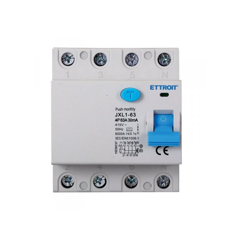foto del prodotto rccb interruttore differenziale puro tipo a 3p n 4m 6000a 30ma 63a ac 400v ip20 iec61008 1 ettroit