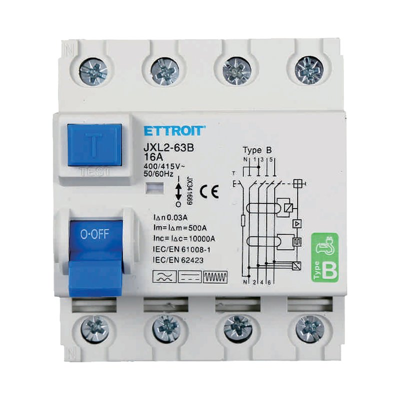 foto del prodotto rccb interruttore differenziale puro tipo b 3p n 4m 10000a 30ma 16a ac 400v ip20 iec61008-1 iec62423