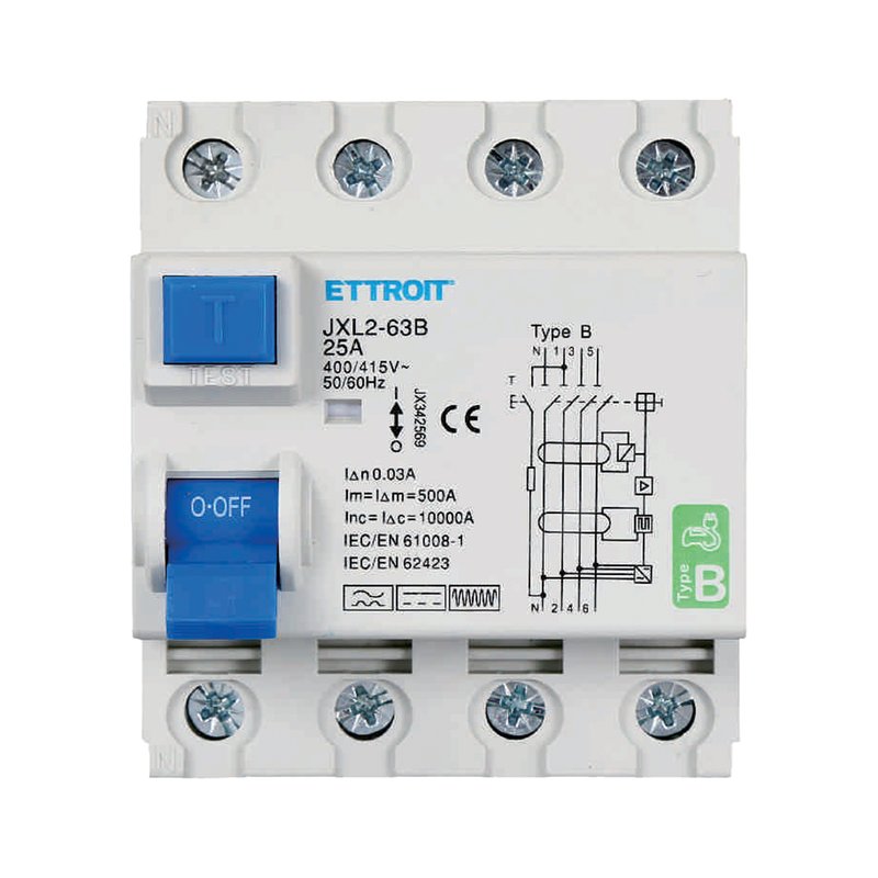 foto del prodotto rccb interruttore differenziale puro tipo b 3p+n 4m 10000a 30ma 25a ac 400v ip20 iec61008-1 / iec62423