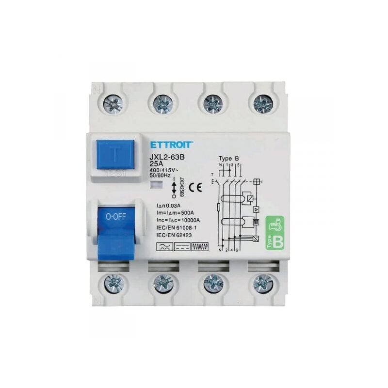 foto del prodotto rccb interruttore differenziale puro tipo b 3p n 4m 10000a 30ma 25a ac 400v ip20 iec61008 1 iec62423 ettroit