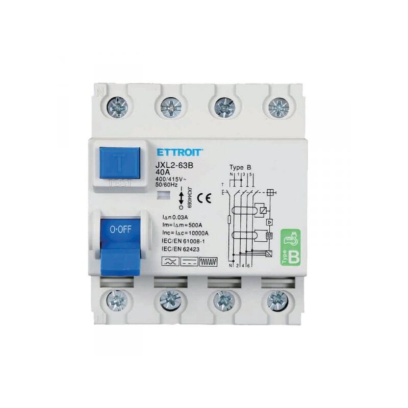 foto del prodotto rccb interruttore differenziale puro tipo b 3p n 4m 10000a 30ma 40a ac 400v ip20 iec61008 1 iec62423 ettroit