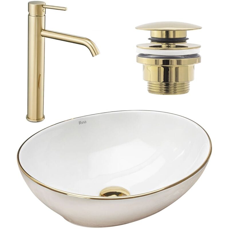 foto del prodotto rea set lavabo da appoggio sofia gold edge rubinetto da bagno lungo gold tappo gold