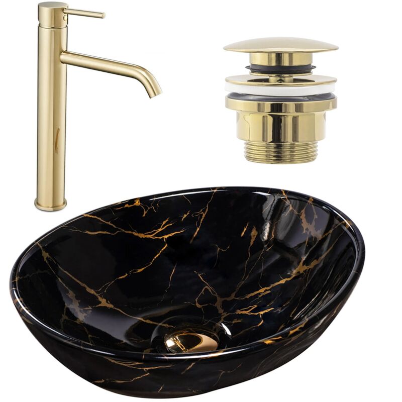 foto del prodotto rea set lavabo da appoggio sofia marble black rubinetto da bagno lungo gold tappo gold