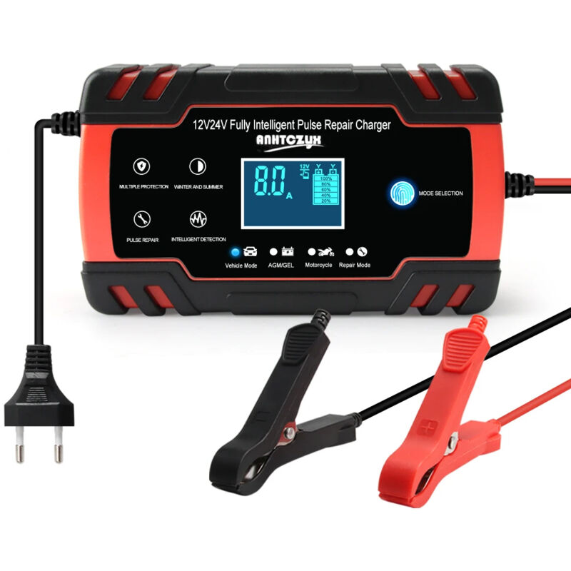 foto del prodotto readcly caricabatteria per auto 8a 12v 24v, portatile con display lcd, adatto per auto, moto e camion nero, rosso vietato caricare batterie al