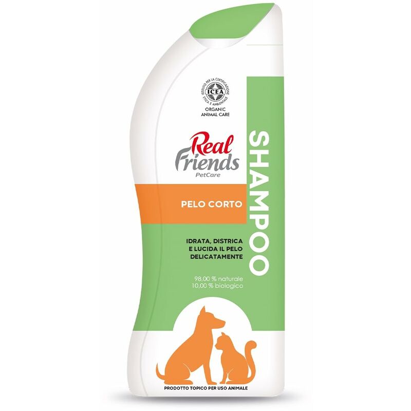 foto del prodotto real friends shampoo per cani e gatti a pelo corto, idrata, distica e lucida il pelo delicatamente, certificazione icea, made in italy, confezione