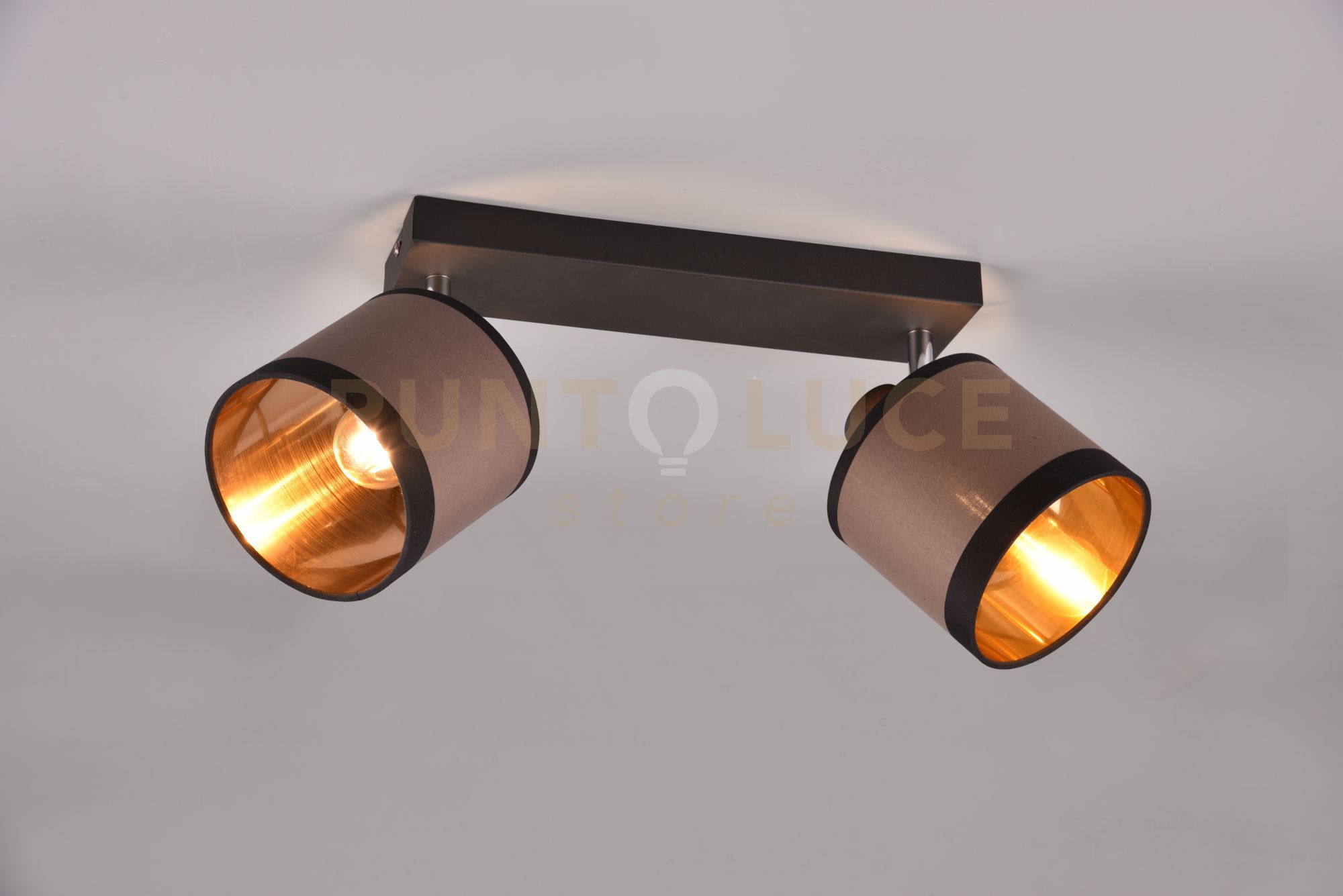 foto del prodotto reality leuchten davos barra 2 spots orientabili metallo cromato paralumi tortora e oro l. 35cm attacco e14